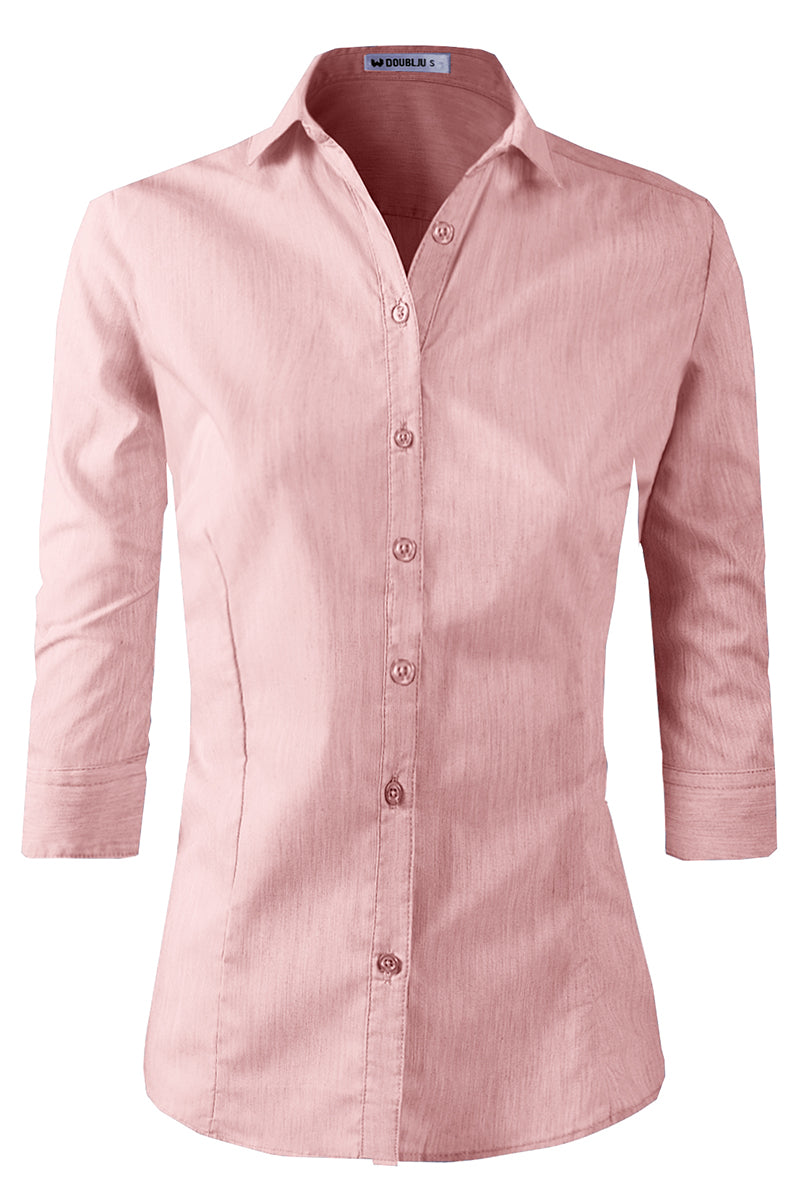 WOMENS BASIC SLIM FIT SIMPLE 3/4 SLEEVE BUTTON DOWN SHIRT WITH PLUS SIZE