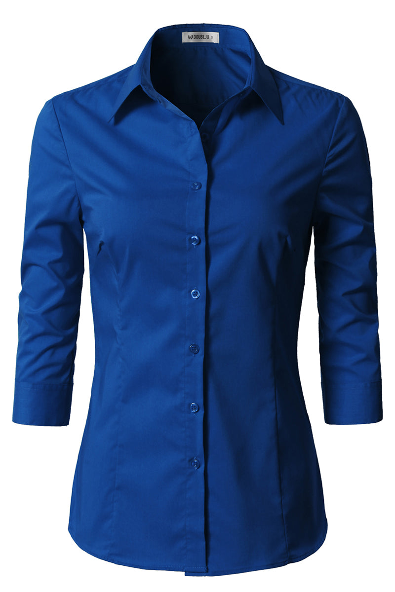 WOMENS BASIC SLIM FIT SIMPLE 3/4 SLEEVE BUTTON DOWN SHIRT WITH PLUS SIZE