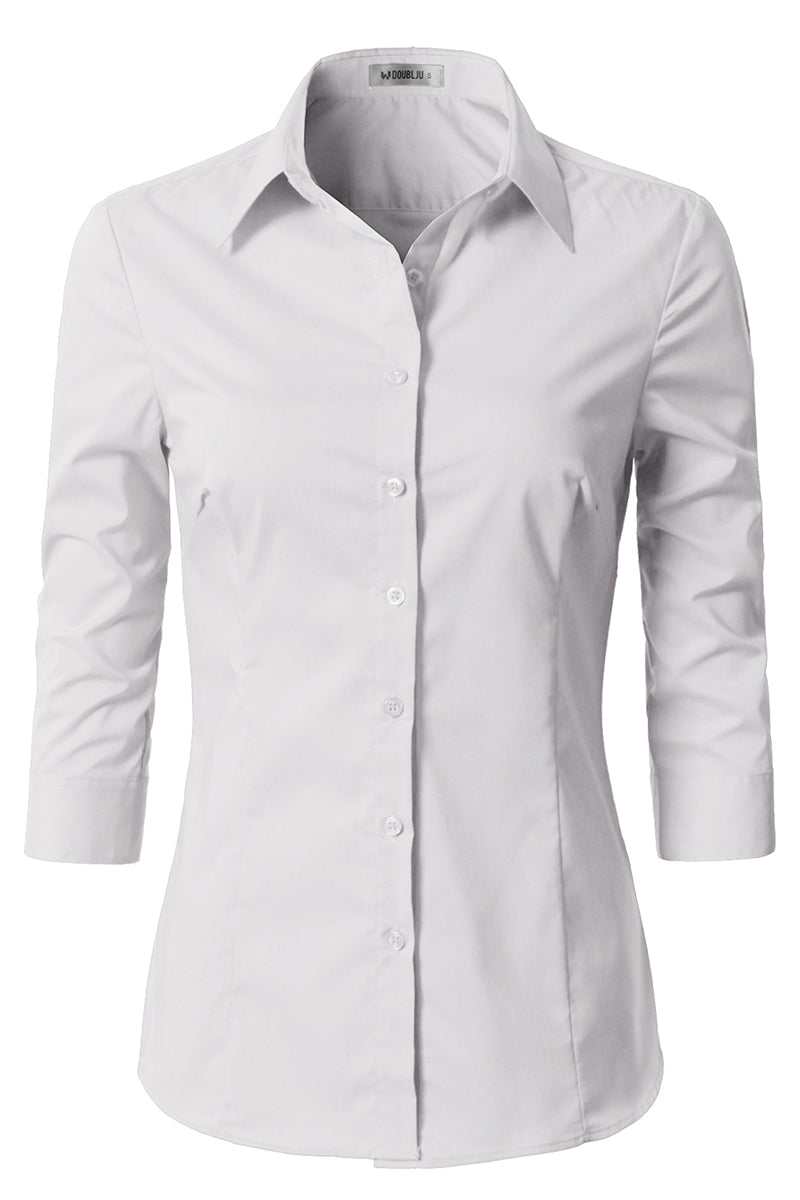 WOMENS BASIC SLIM FIT SIMPLE 3/4 SLEEVE BUTTON DOWN SHIRT WITH PLUS SIZE