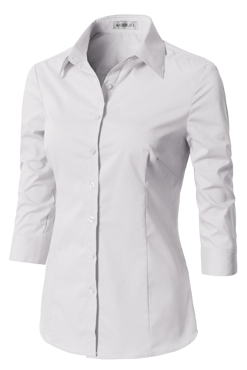 WOMENS BASIC SLIM FIT SIMPLE 3/4 SLEEVE BUTTON DOWN SHIRT WITH PLUS SIZE