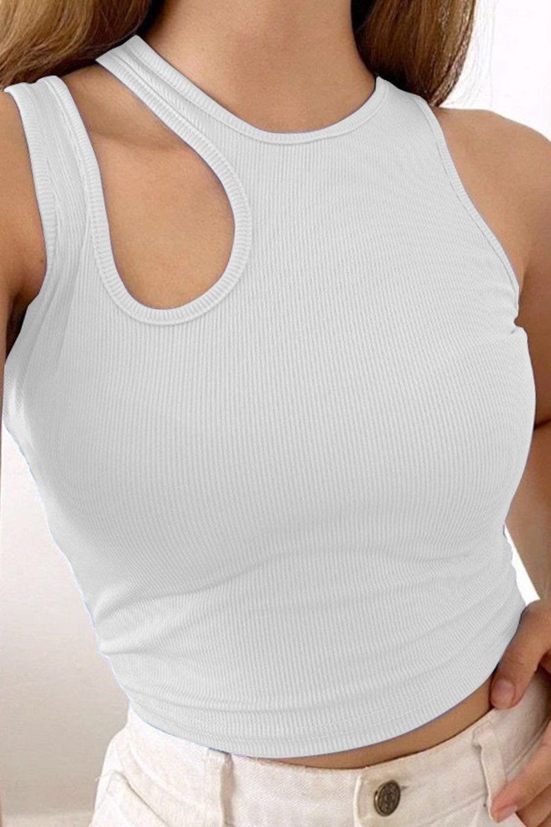 RIBBED CUT OUT SLEEVELESS CREW NECK TANK TOP