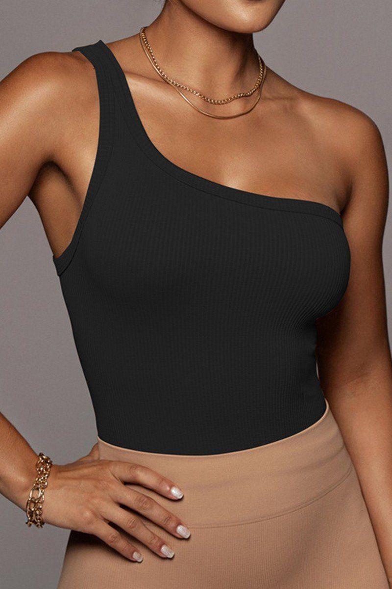 ONE SHOULDER SLEEVELESS SEXY CROP TANK TOP