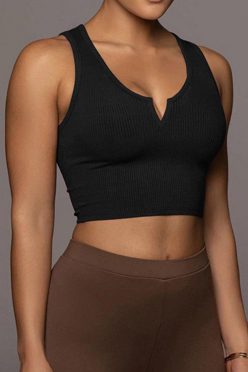 WOMEN SEXY SLIT U NECK TIGHT FITTED CROP TANK