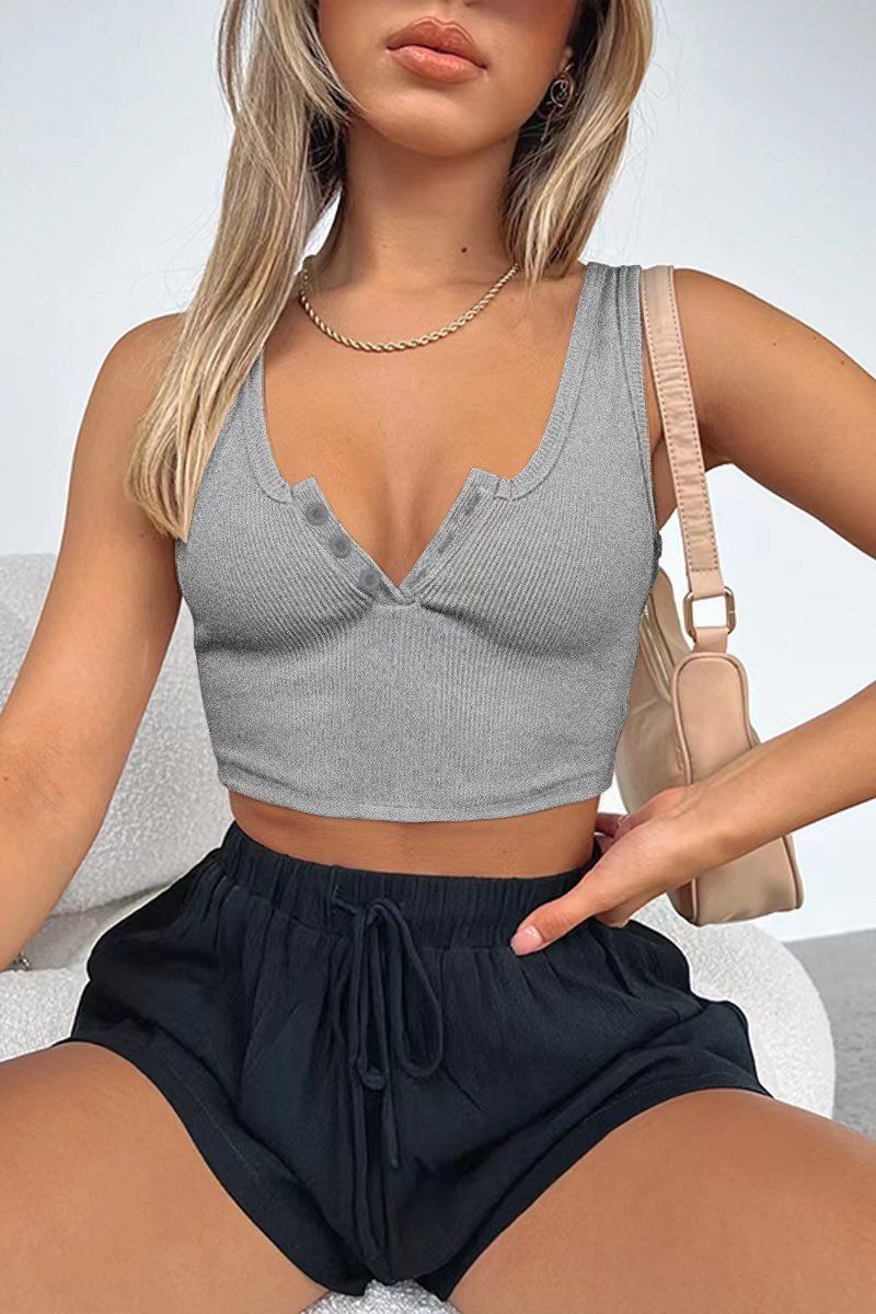 WOMEN SEXY SLIT NECK FITTED TANK TOP