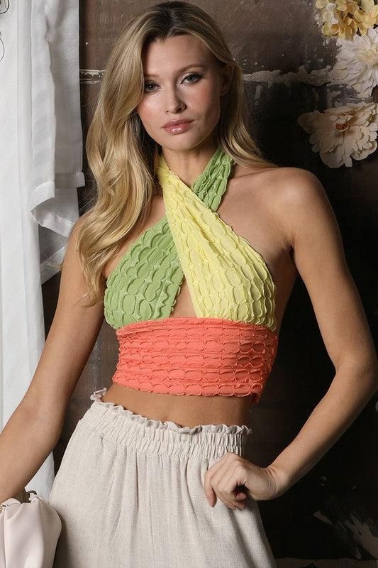 3 COLORS COMBINED HALTER NECK TOP - Doublju