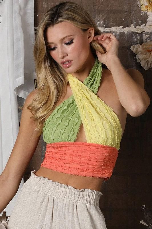 3 COLORS COMBINED HALTER NECK TOP - Doublju