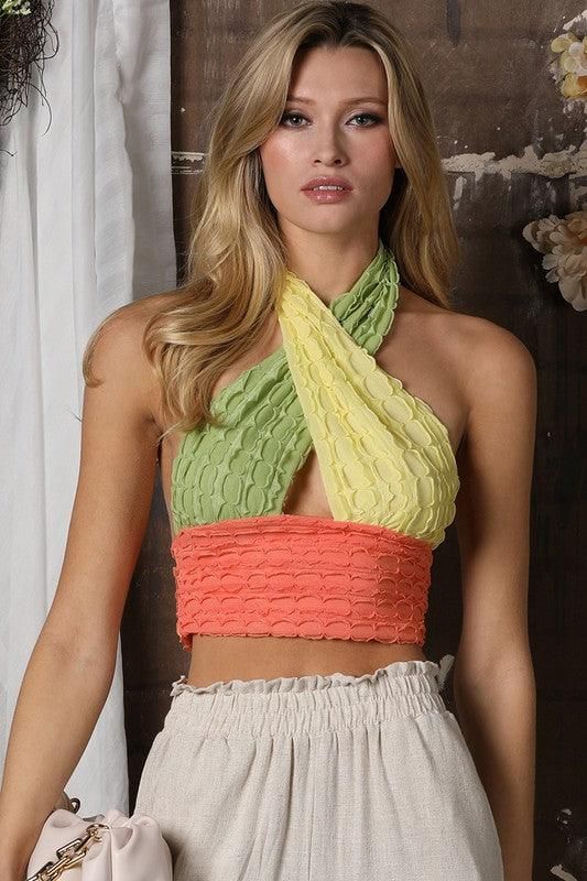 3 COLORS COMBINED HALTER NECK TOP - Doublju