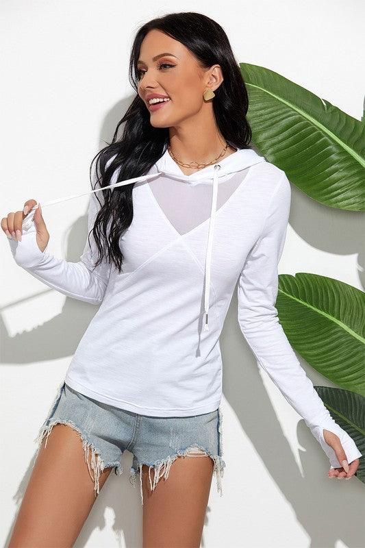 HOODED LONG SLEEVED SOLID COLOR T SHIRT - Doublju