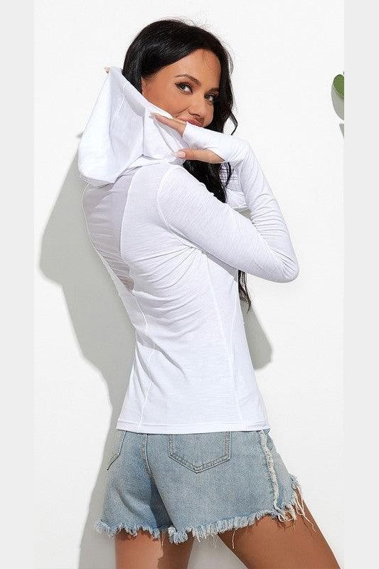 HOODED LONG SLEEVED SOLID COLOR T SHIRT - Doublju