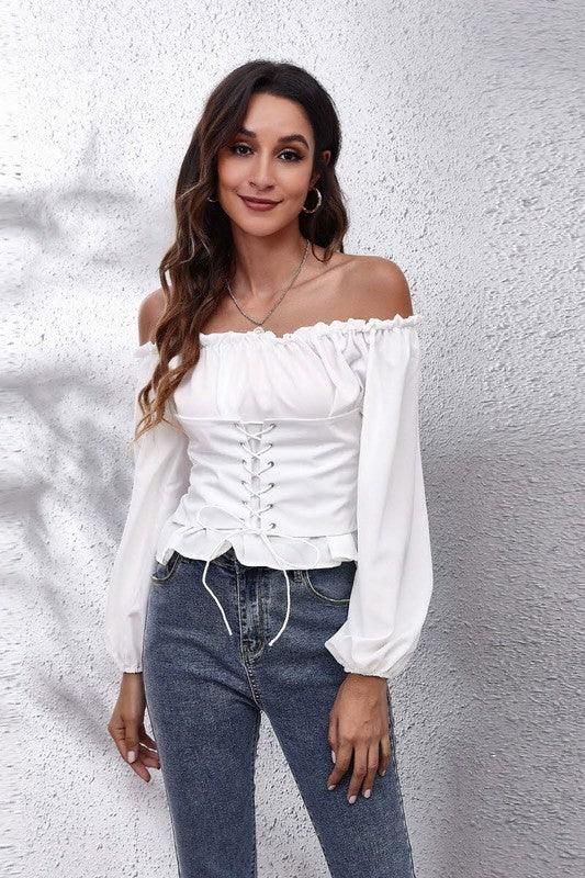 Ruffled Lantern Sleeves Short Chiffon Top - Doublju