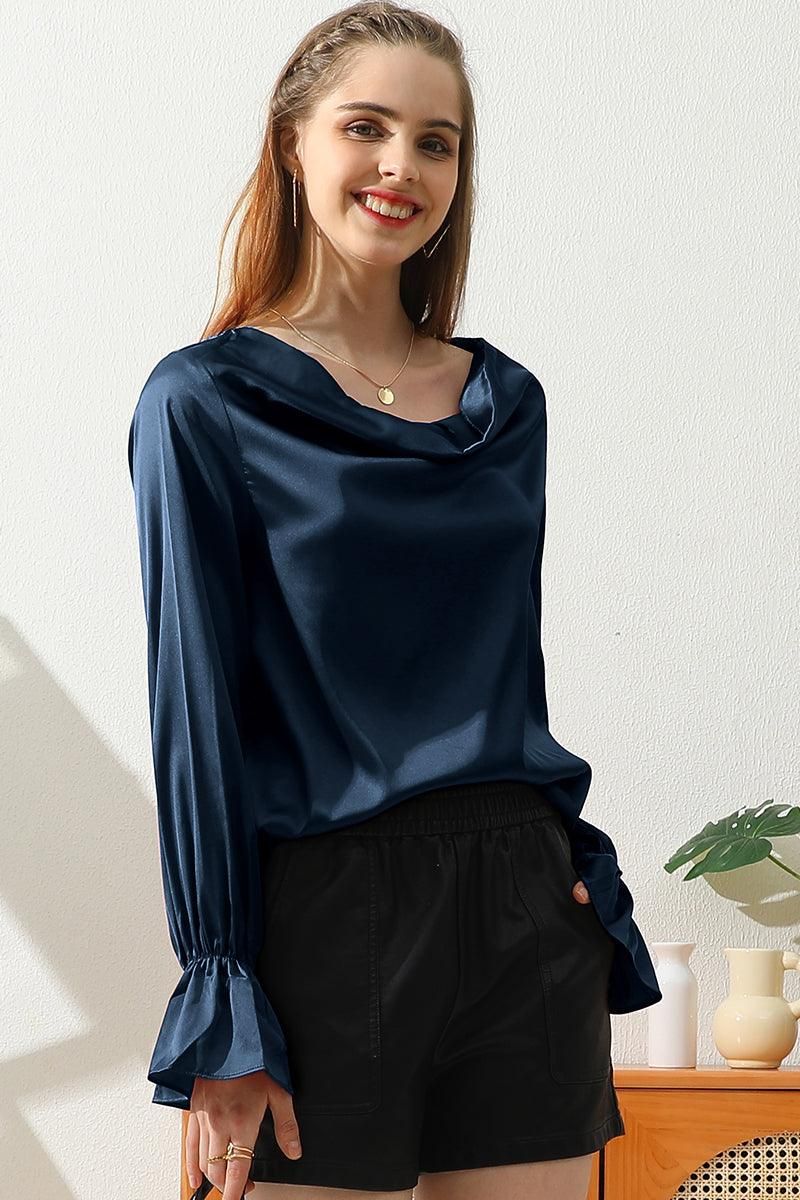 LONG SLEEVE COWL NECK CASUAL BLOUSE TOP - Doublju