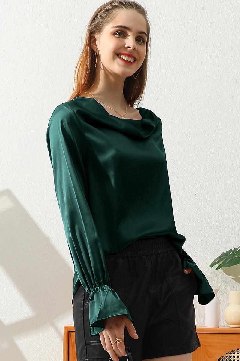 LONG SLEEVE COWL NECK CASUAL BLOUSE TOP - Doublju