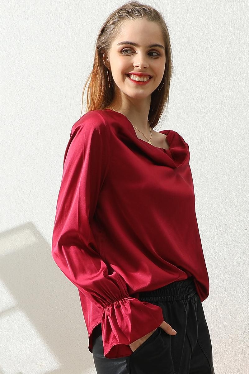 LONG SLEEVE COWL NECK CASUAL BLOUSE TOP - Doublju