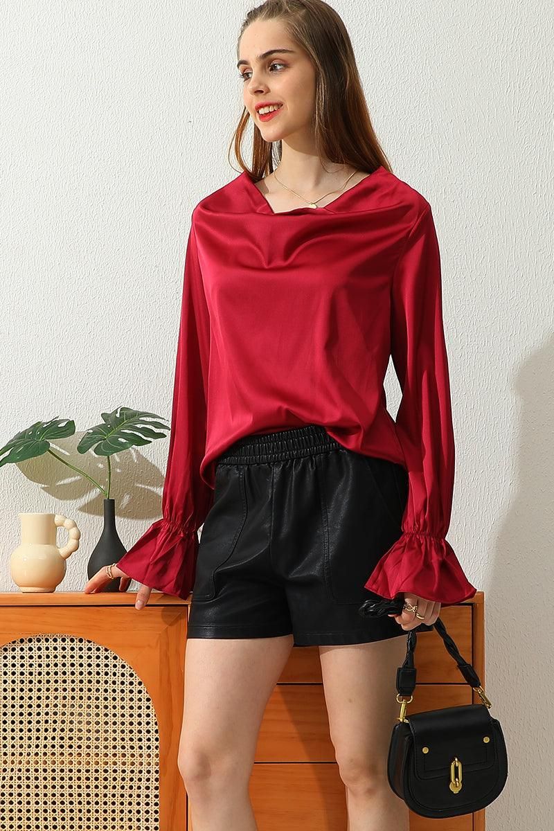 LONG SLEEVE COWL NECK CASUAL BLOUSE TOP - Doublju