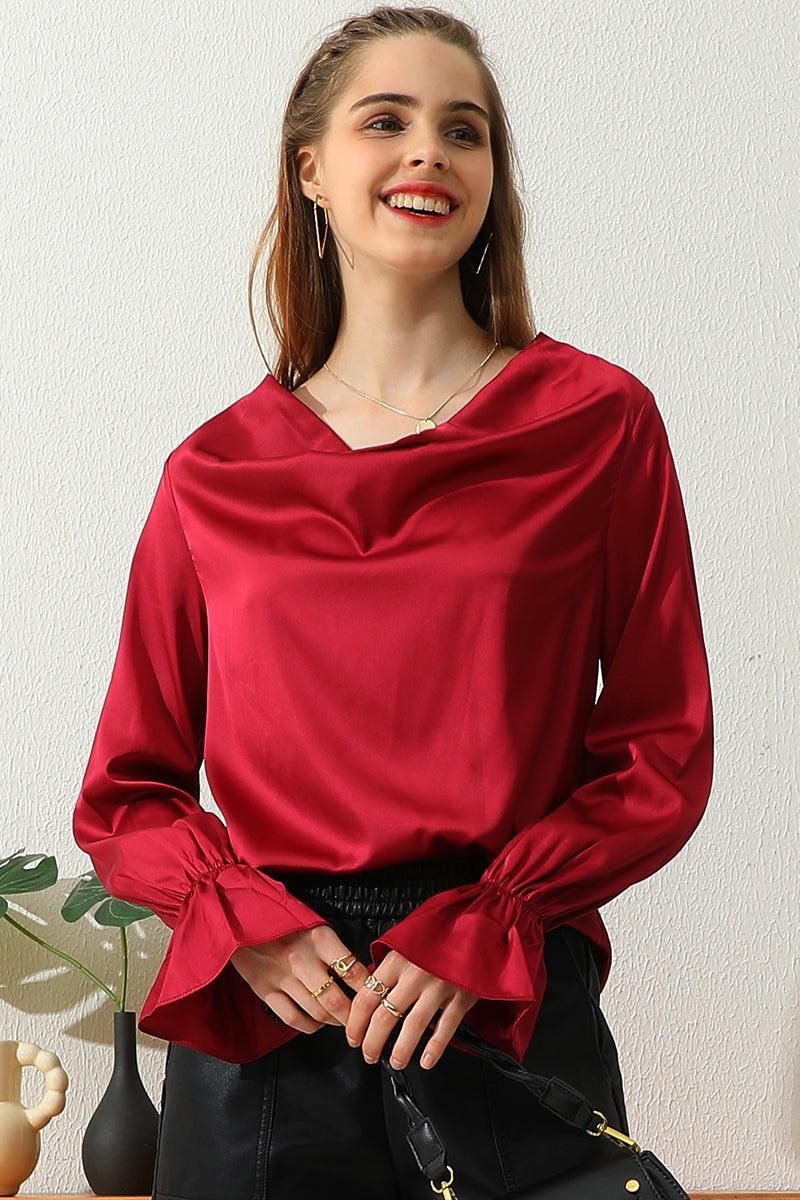 LONG SLEEVE COWL NECK CASUAL BLOUSE TOP - Doublju