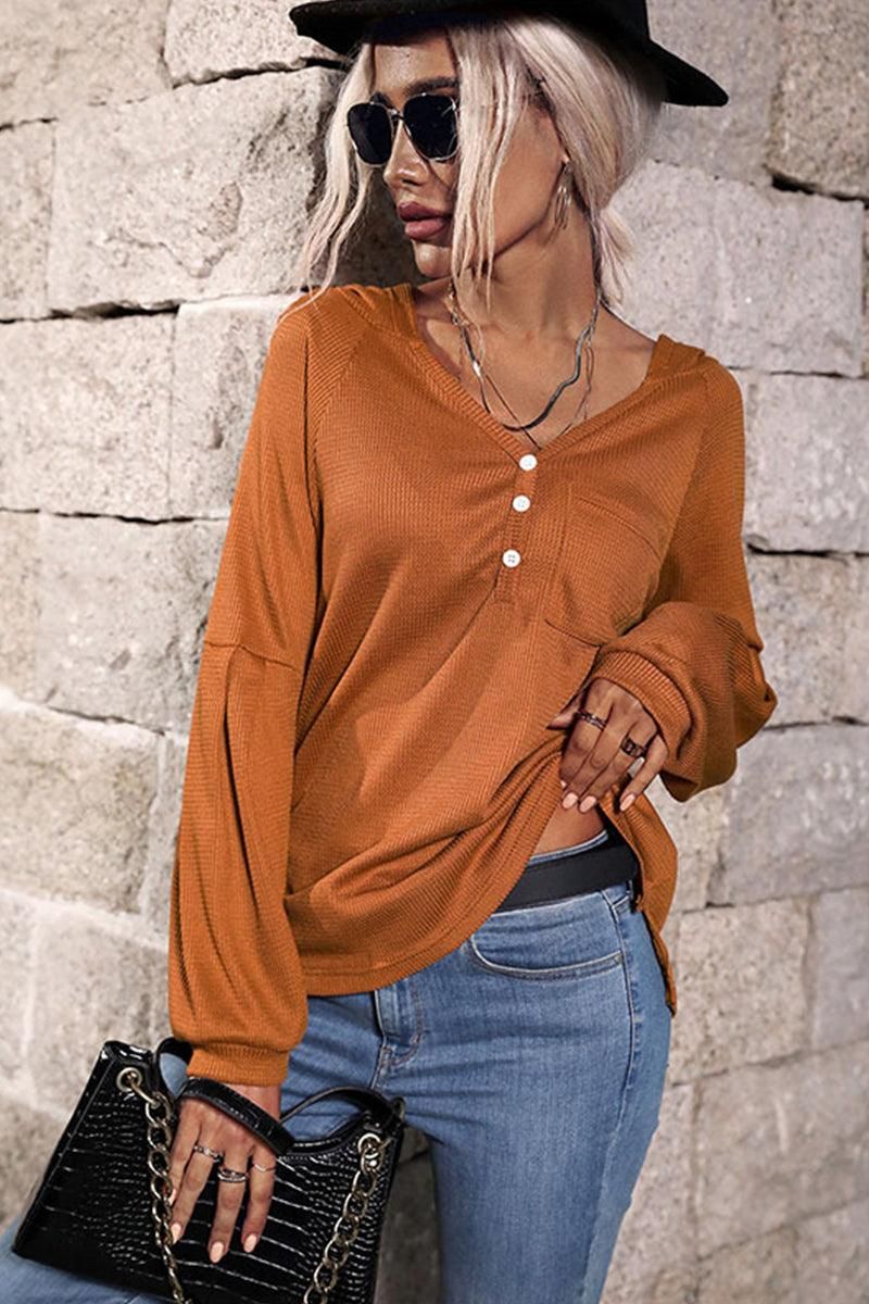 WAFFLE KNIT BUTTON NECK HOODED TOP - Doublju