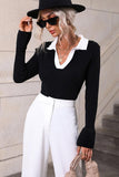 LAPEL V NECK BELL SLEEVED CASUAL TOP - Doublju