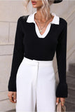 LAPEL V NECK BELL SLEEVED CASUAL TOP - Doublju