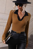 LAPEL V NECK BELL SLEEVED CASUAL TOP - Doublju