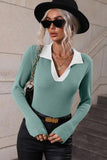 LAPEL V NECK BELL SLEEVED CASUAL TOP - Doublju