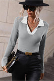 LAPEL V NECK BELL SLEEVED CASUAL TOP - Doublju