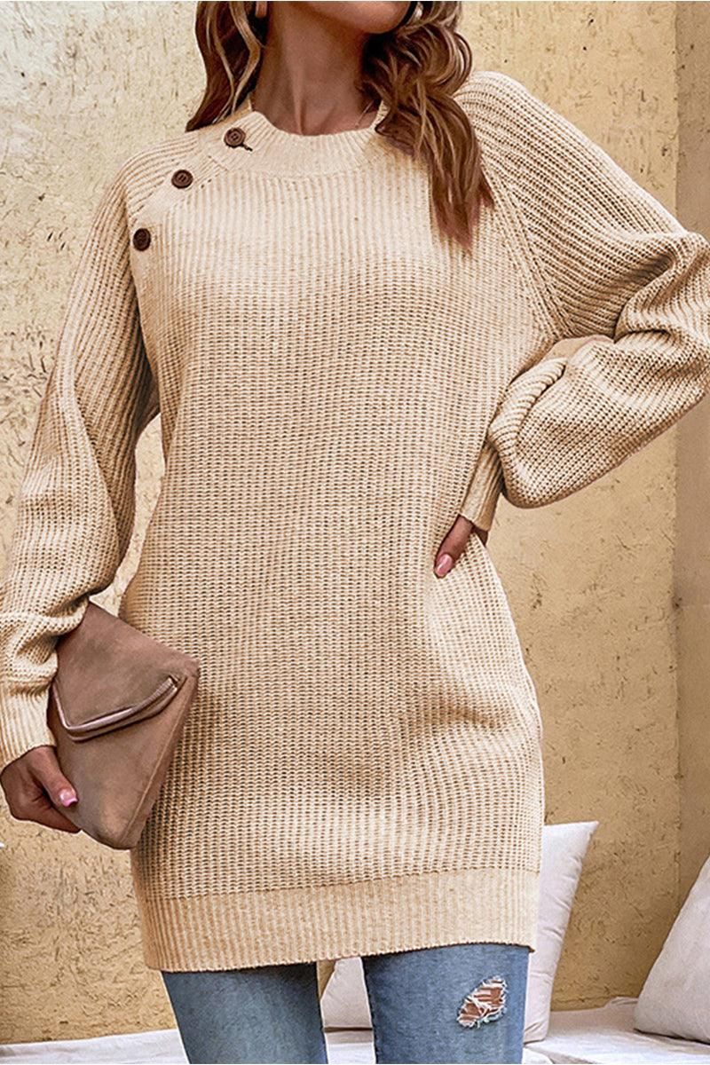 SOLID COLOR BUTTON KNIT SWEATER DRESS - Doublju