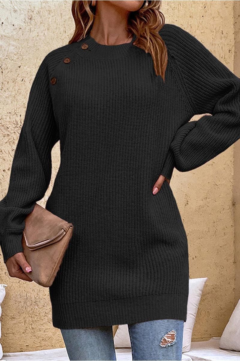 SOLID COLOR BUTTON KNIT SWEATER DRESS - Doublju