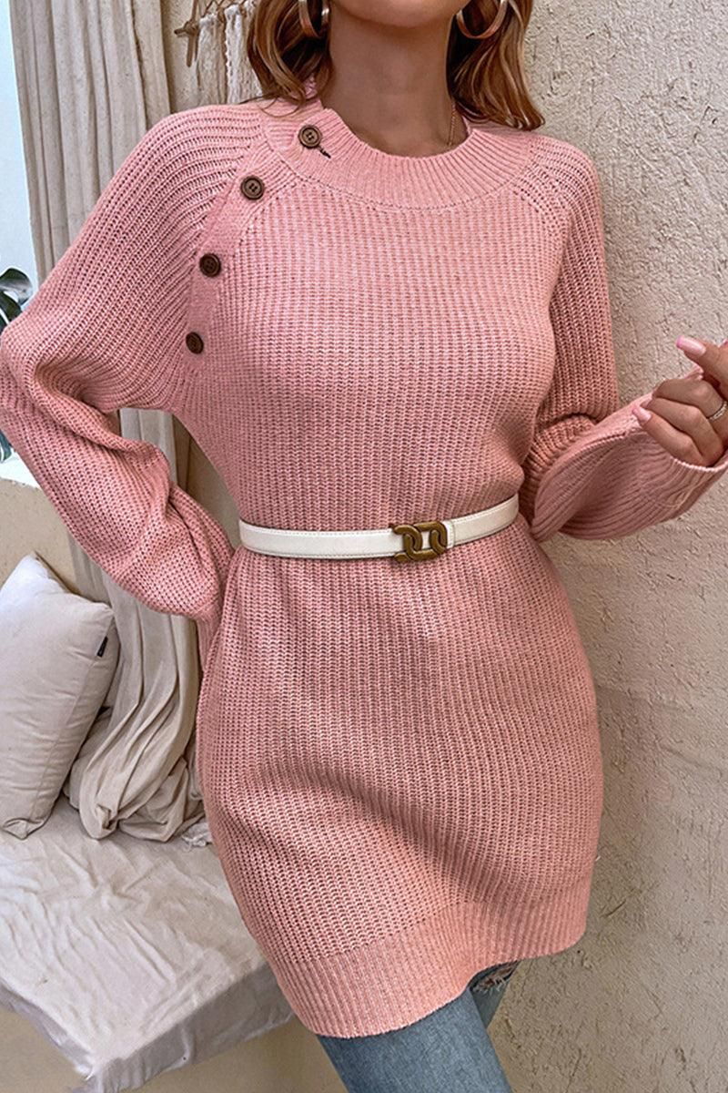 SOLID COLOR BUTTON KNIT SWEATER DRESS - Doublju