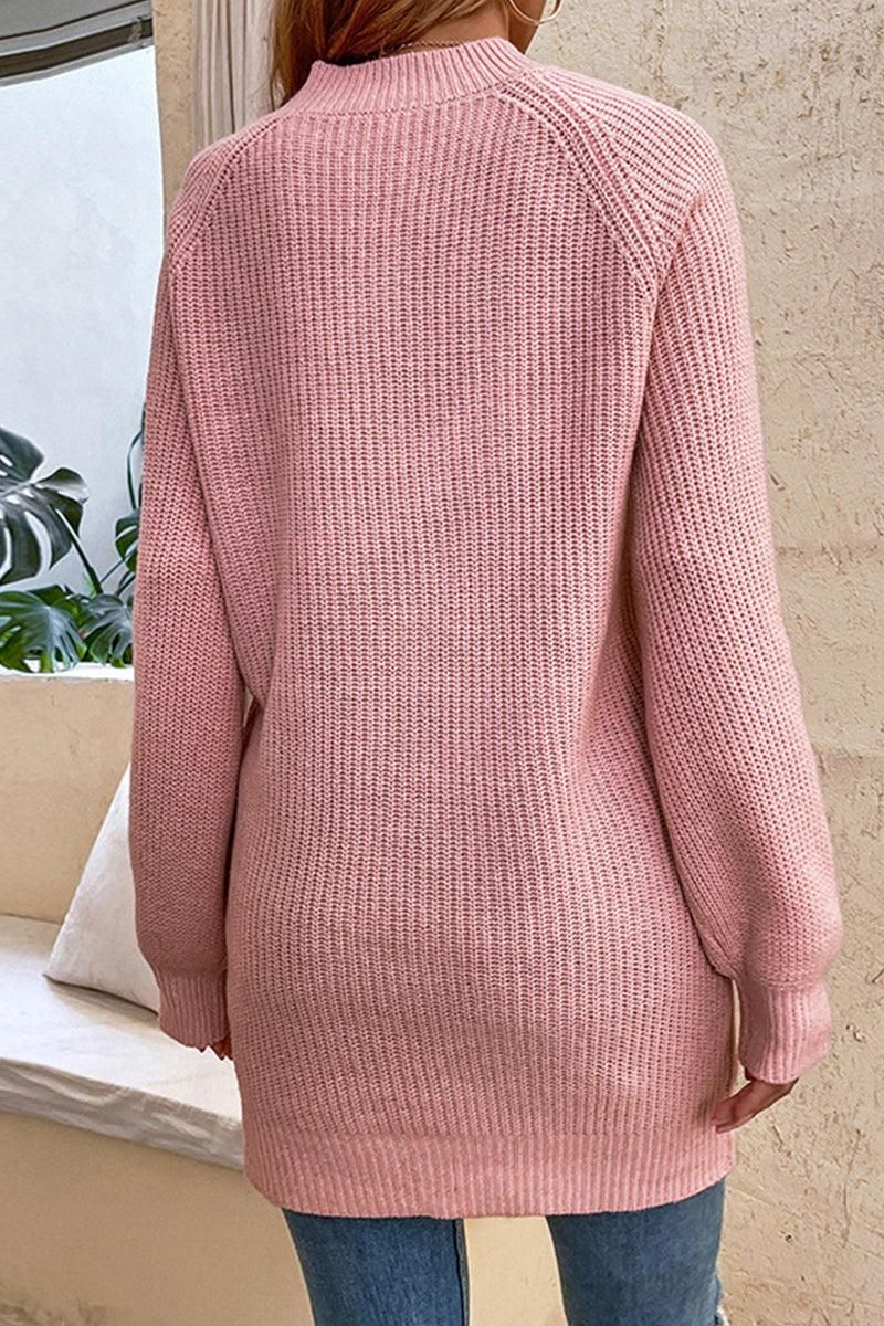 SOLID COLOR BUTTON KNIT SWEATER DRESS - Doublju