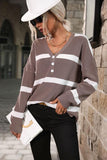 BUTTON NECK STRIPE CASUAL TOP - Doublju