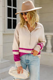 COLOR BLOCK HALF ZIP UP CASUAL TOP - Doublju