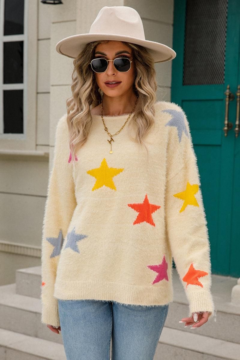 WOMENS COLORED STAR PATTERN SWEATER TOP - Doublju