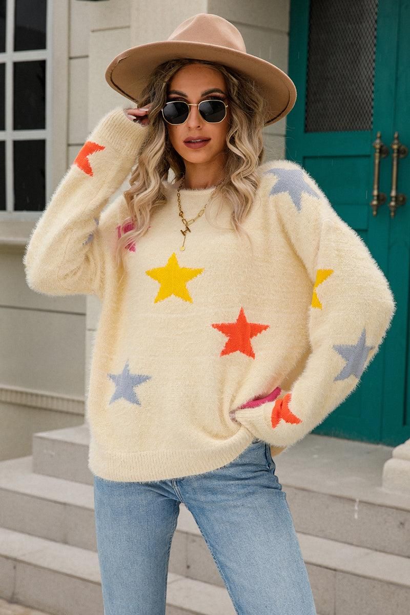 WOMENS COLORED STAR PATTERN SWEATER TOP - Doublju