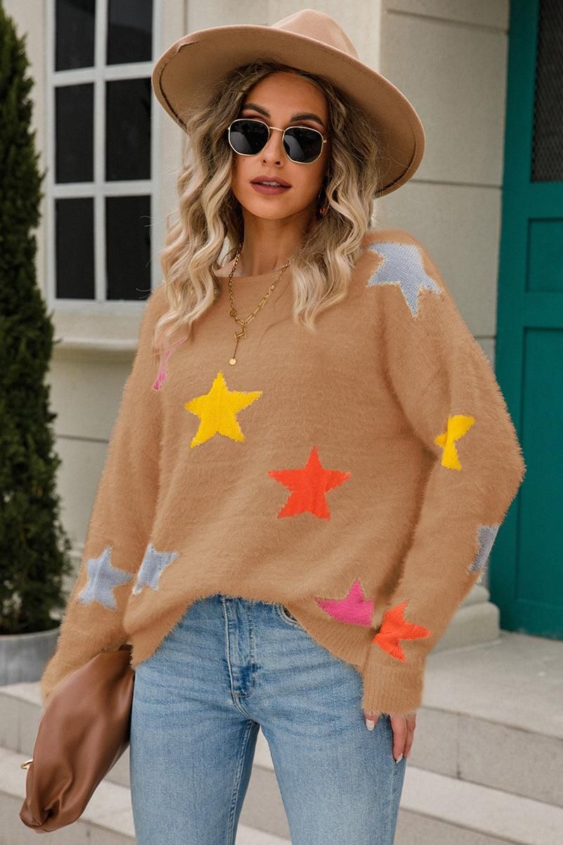 WOMENS COLORED STAR PATTERN SWEATER TOP - Doublju