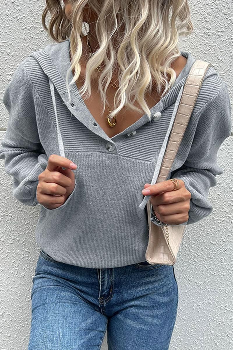 BUTTON NECK HOODIE CASUAL TOP - Doublju