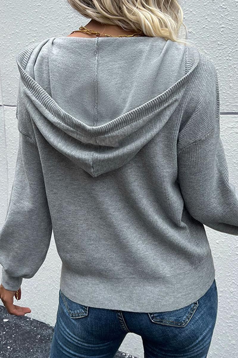 BUTTON NECK HOODIE CASUAL TOP - Doublju