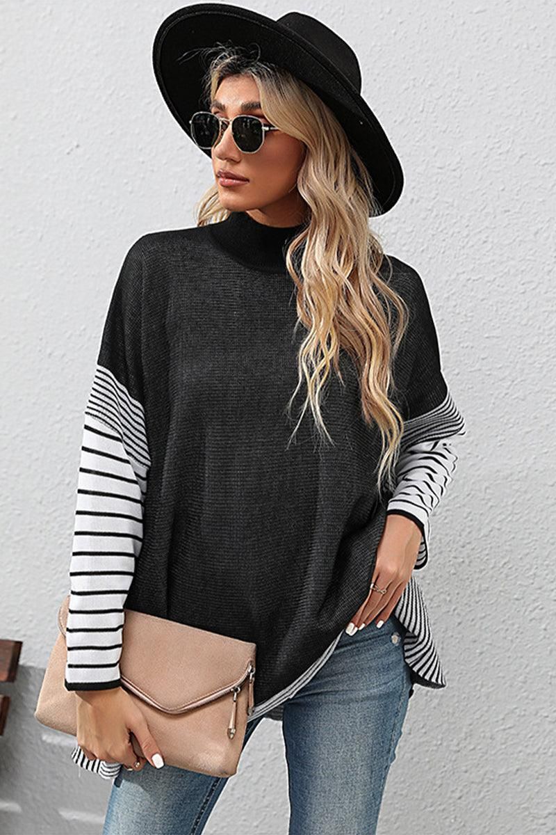 STRIPED SLEEVE HIGH NECK LOOSE FIT CASUAL SWEATER - Doublju