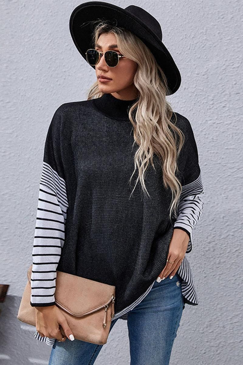 STRIPED SLEEVE HIGH NECK LOOSE FIT CASUAL SWEATER - Doublju