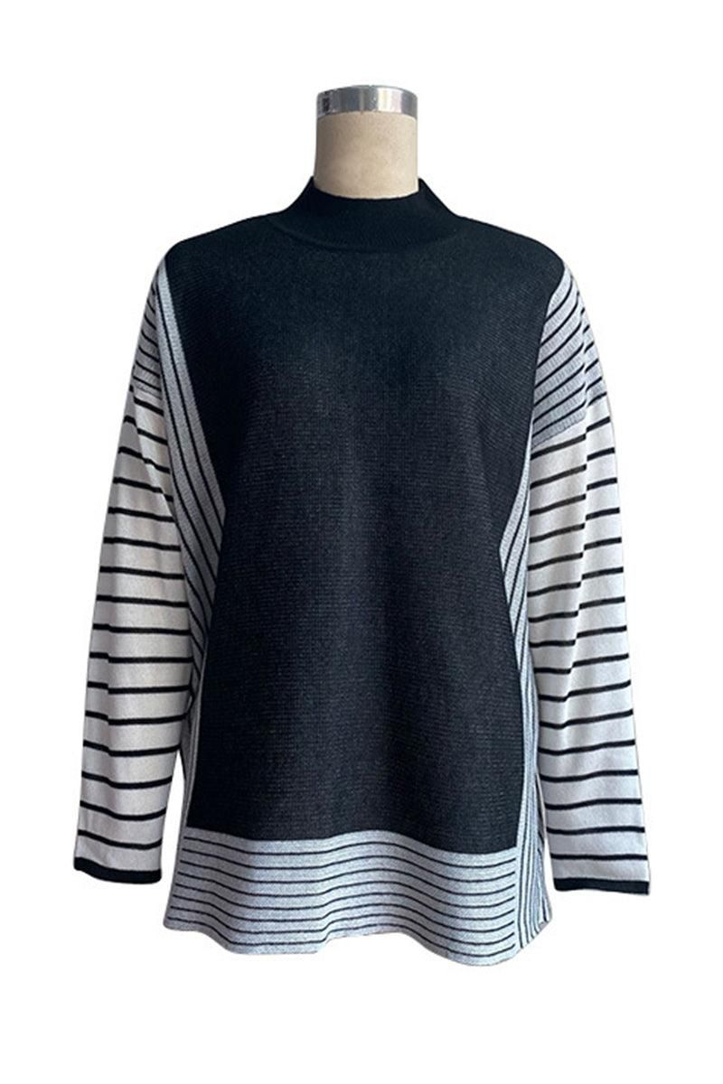 STRIPED SLEEVE HIGH NECK LOOSE FIT CASUAL SWEATER - Doublju