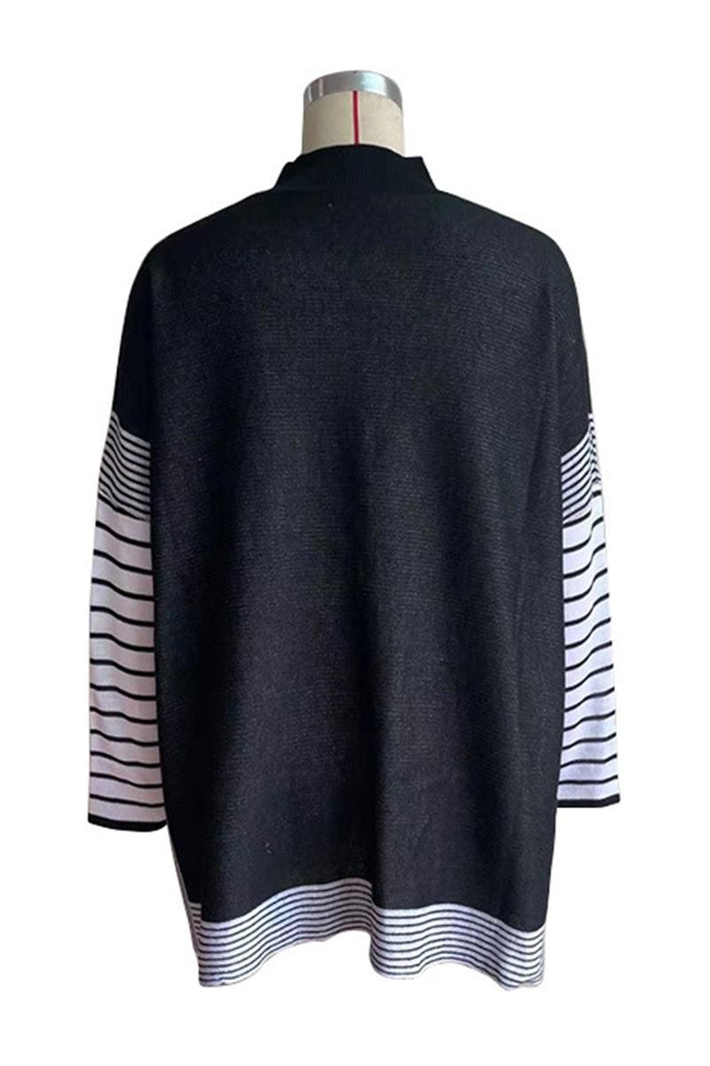 STRIPED SLEEVE HIGH NECK LOOSE FIT CASUAL SWEATER - Doublju