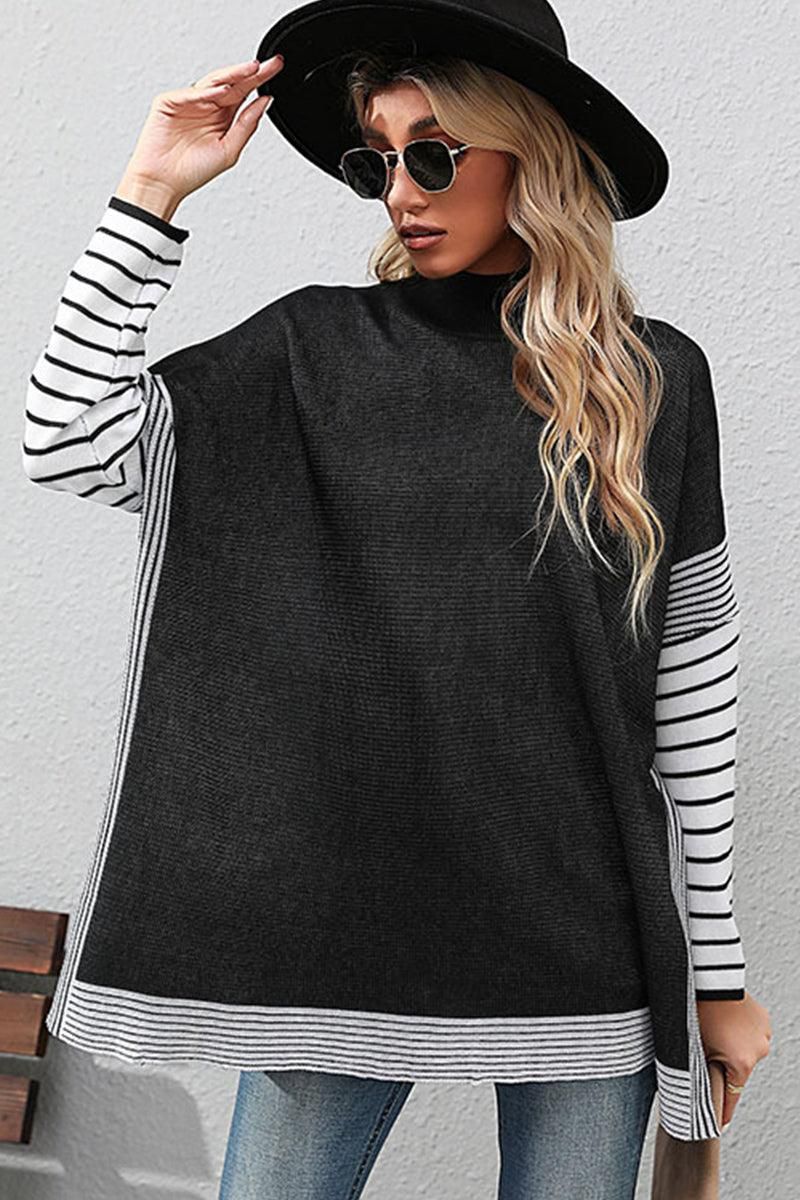 STRIPED SLEEVE HIGH NECK LOOSE FIT CASUAL SWEATER - Doublju