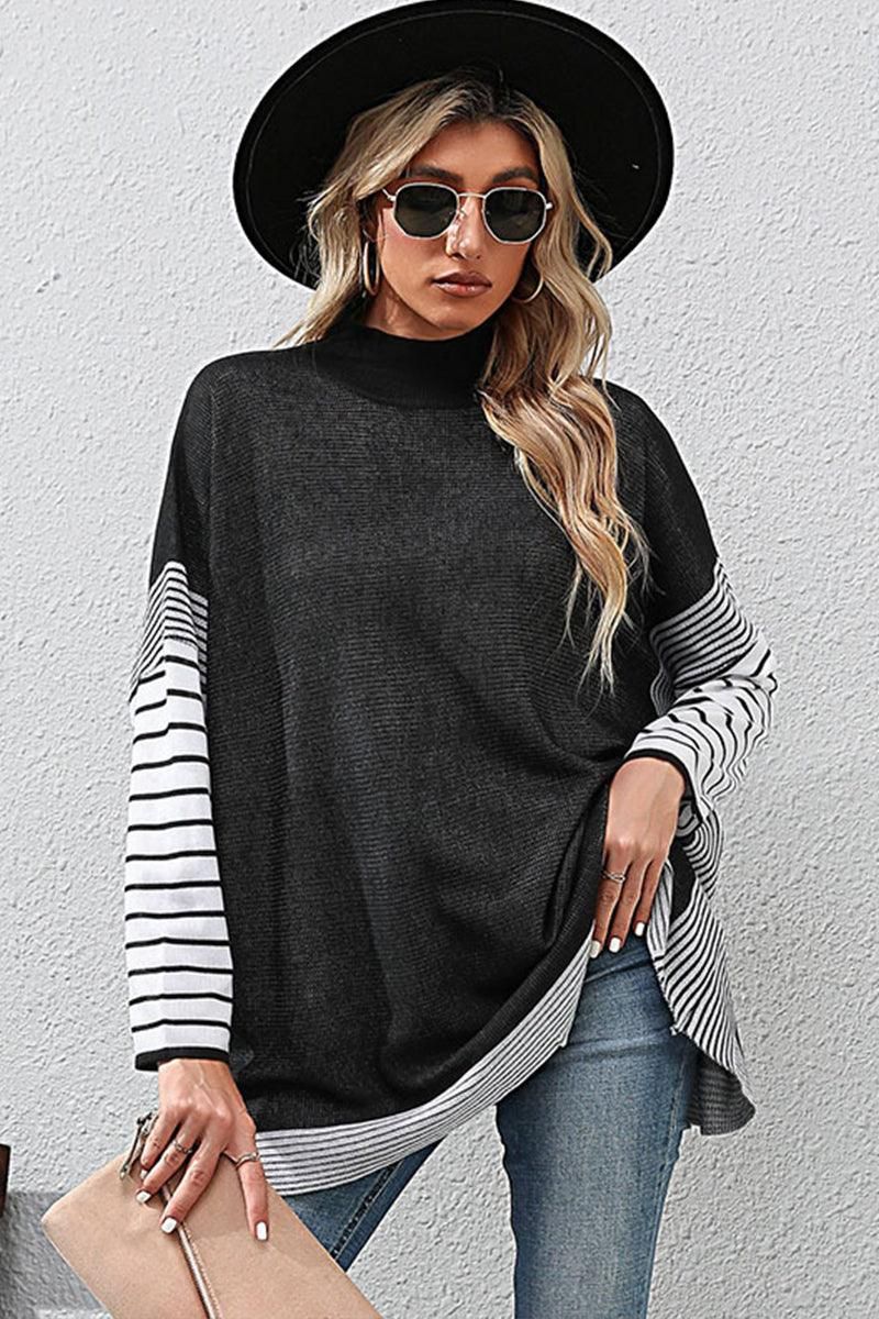 STRIPED SLEEVE HIGH NECK LOOSE FIT CASUAL SWEATER - Doublju