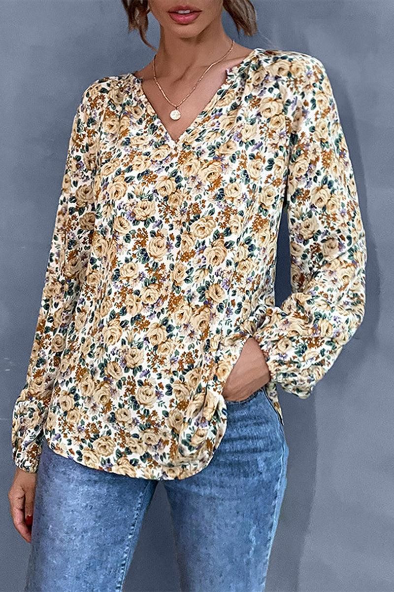 FLORAL PATTERNED V NCEK TUNIC TOP - Doublju