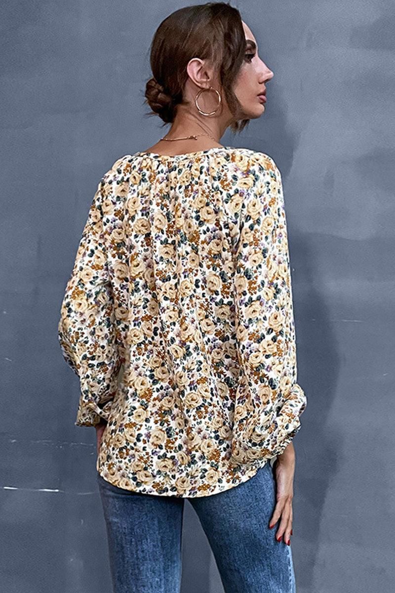 FLORAL PATTERNED V NCEK TUNIC TOP - Doublju