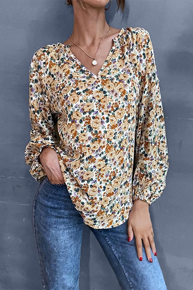 FLORAL PATTERNED V NCEK TUNIC TOP - Doublju