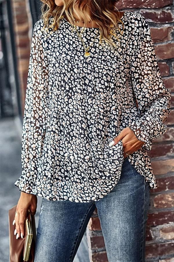 MULTI PATTERNED RUFFLE TUNIC TOP - Doublju