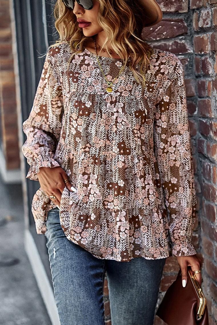 MULTI PATTERNED RUFFLE TUNIC TOP - Doublju