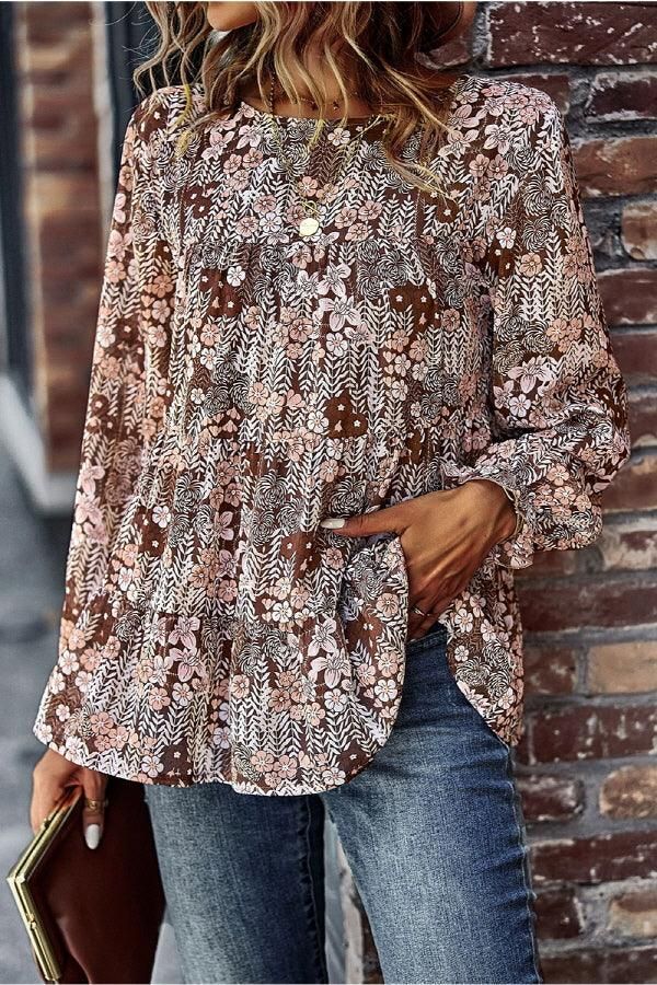 MULTI PATTERNED RUFFLE TUNIC TOP - Doublju