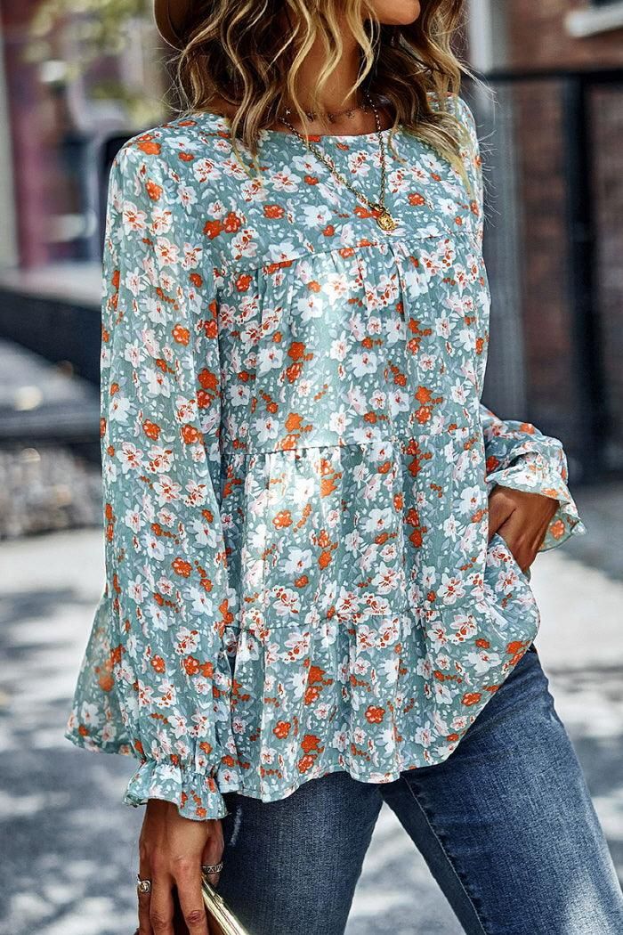 MULTI PATTERNED RUFFLE TUNIC TOP - Doublju