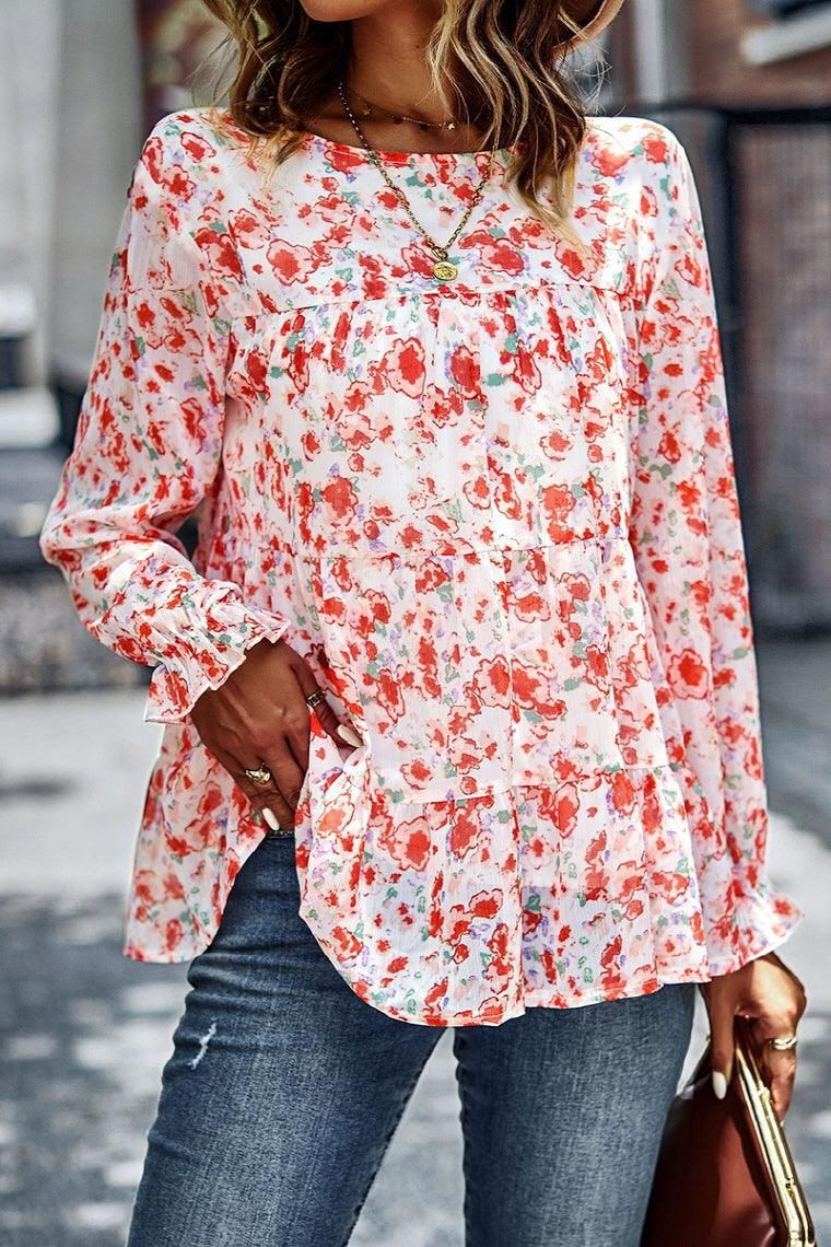 MULTI PATTERNED RUFFLE TUNIC TOP - Doublju